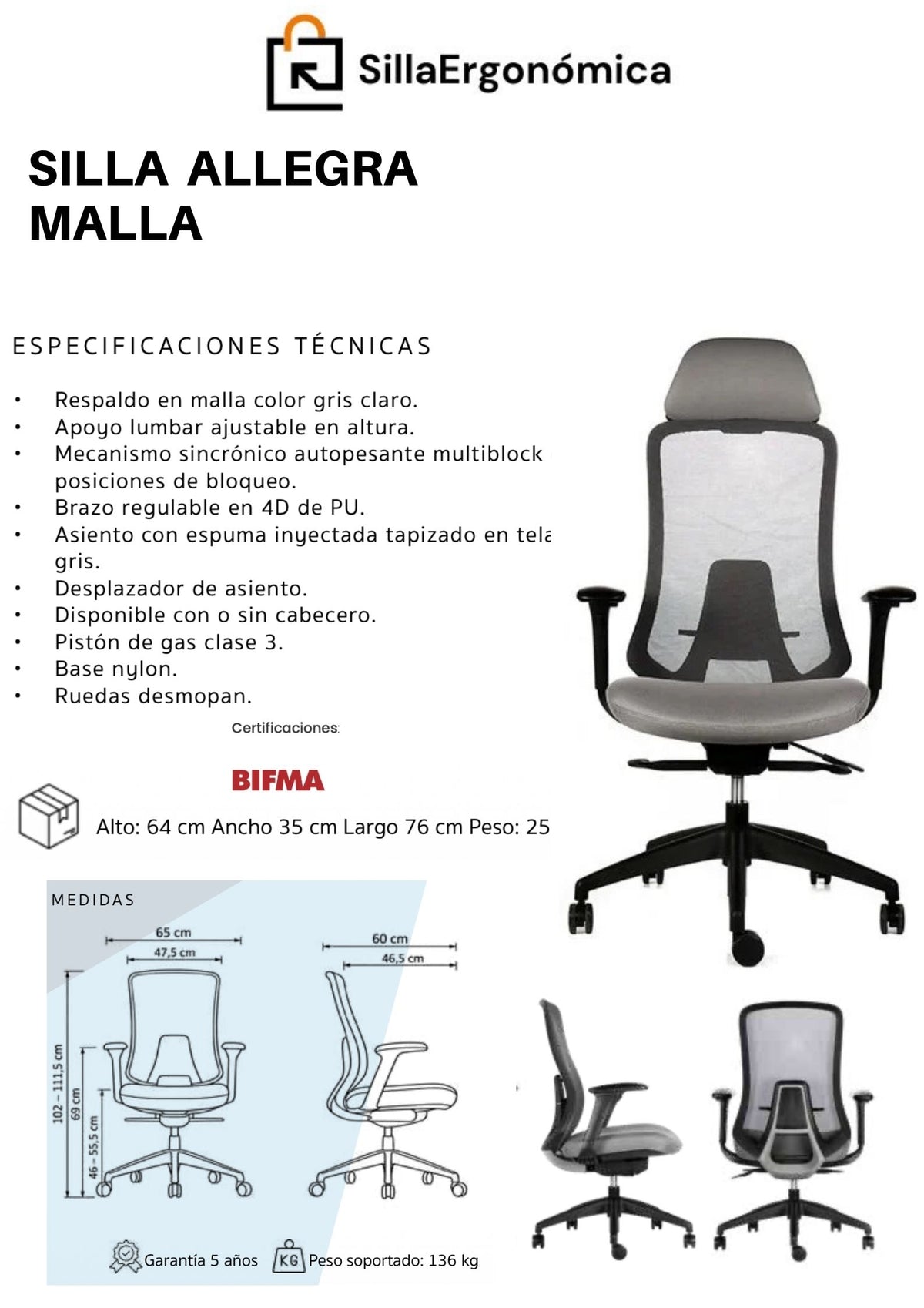 Silla Ejecutiva De Escritorio Allegra Malla Gris