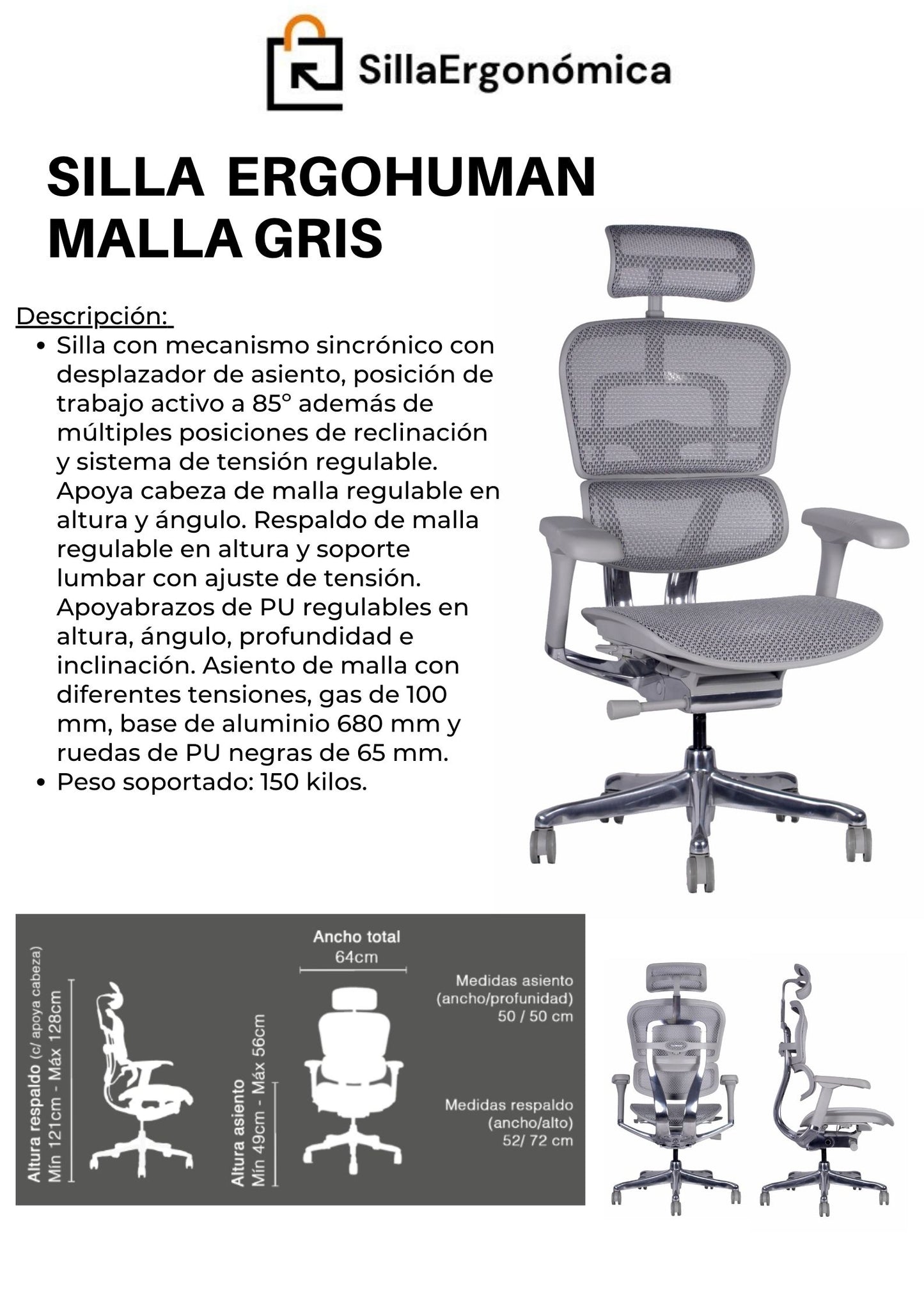 Silla De Escritorio Ergohuman Malla Elite Gris