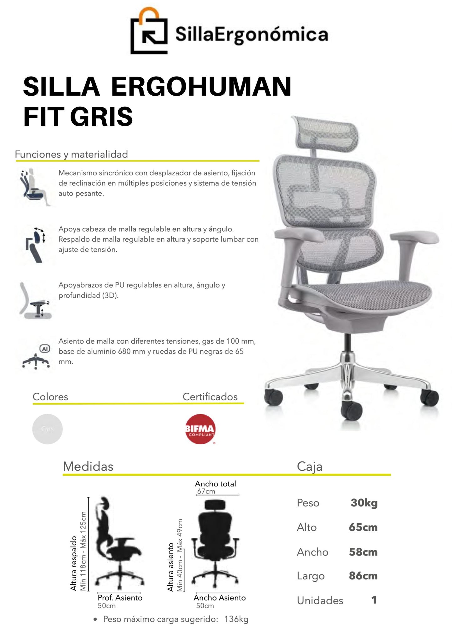 Silla De Escritorio Ergohuman Fit Gris